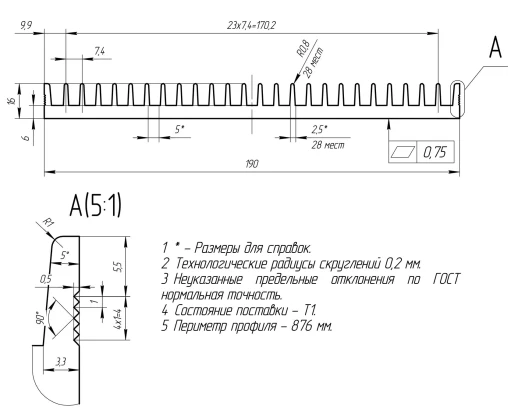 Профиль алюминиевый 190 мм * 16 мм * 4,52 кг