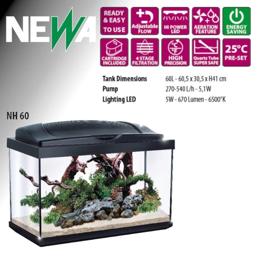 Аквариум Newa Hobby NH 60, 60 л с фильтром, нагревателем, аэрацией и LED освещением