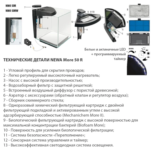 Аквариум Newa More reef NMO 50RW Daylight LED, 45 л, с фильтром, скиммером, нагревателем и освещением рассвет-закат, белый NEW VERSION