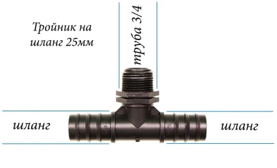 Тройник переходник для садовых шлангов с внешней резьбы 3\4 на 25мм