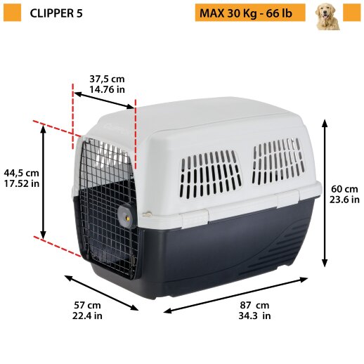 Ferplast CLIPPER 5: наружные размеры 82 × 57 × 60 см, нагрузка до 30 кг.