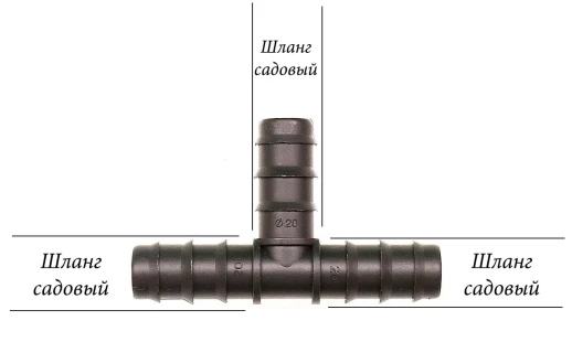 Тройник разветвитель для садовых шлангов с 16мм на два канала 20мм