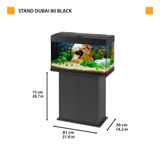 Размеры чёрной тумбы STAND DUBAI/CAYMAN 80:81 × 36 × 73 см; аквариум показан как пример и не входит в комплект